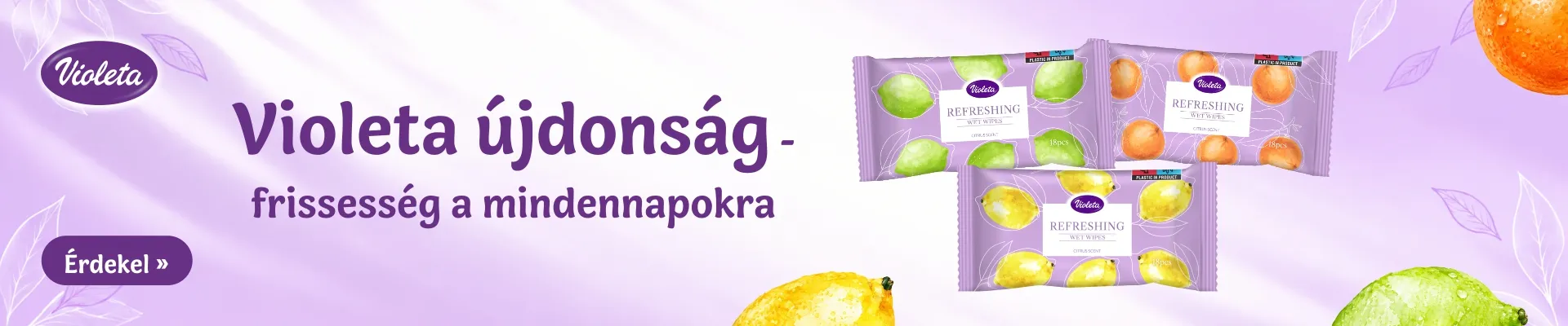Violeta citrusos frissítő törlőkendő: gyors felfrissülés útközben